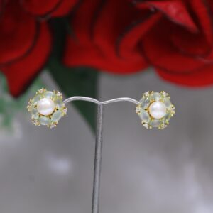 Pearl Stud Earrings with Green Stone Halo - Elegant pearl studs featuring a stunning green stone halo for a timeless, sophisticated design.