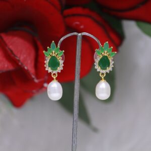 Pearl Drop Earrings with Green Stone Cluster - Elegant pearl drops featuring a stunning green stone cluster for a touch of sophistication and charm.