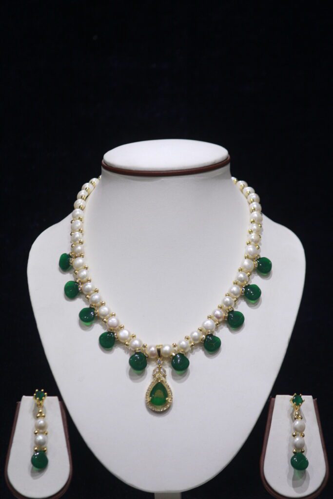 Pearl Necklace Set with Green Stone Drops
