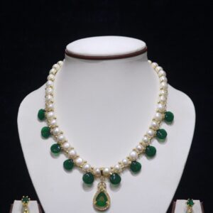 Pearl Necklace Set with Green Stone Drops