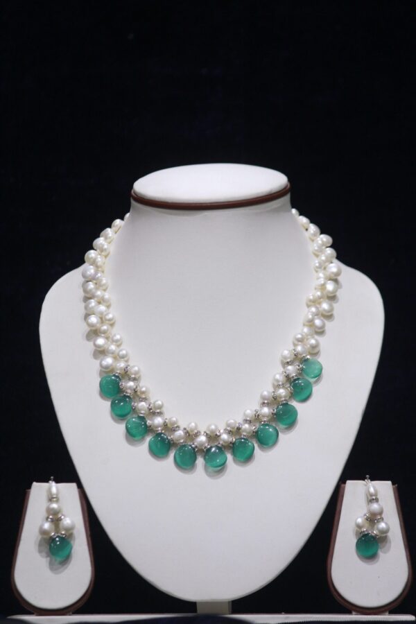 Beautiful Pearl Necklace Set with Green Stone Accents