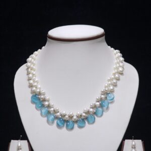 Pearl Necklace Set with Blue Stone Accents