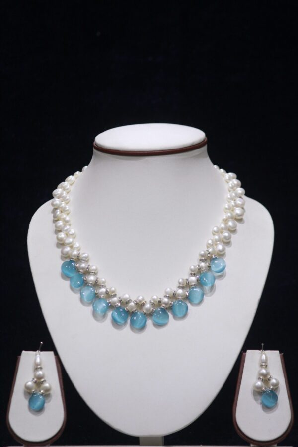 Pearl Necklace Set with Blue Stone Accents