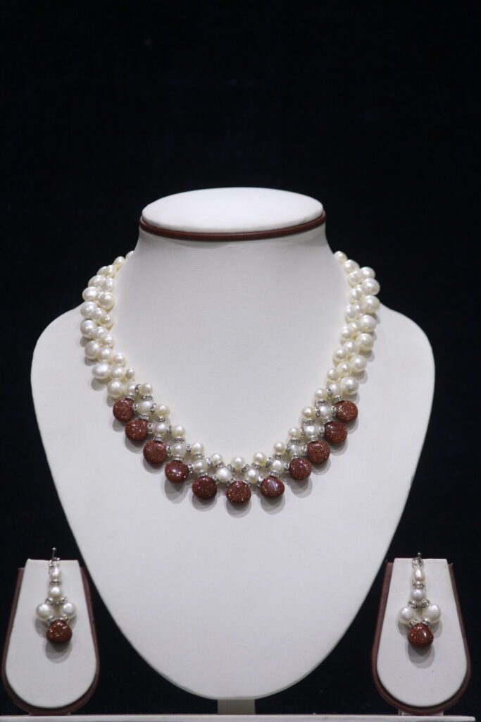 Pearl Necklace Set with Red Stone Accents
