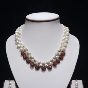 Pearl Necklace Set with Red Stone Accents