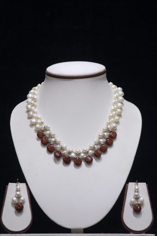 Pearl Necklace Set with Red Stone Accents
