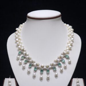 Pearl Necklace Set with Green Stone Drops