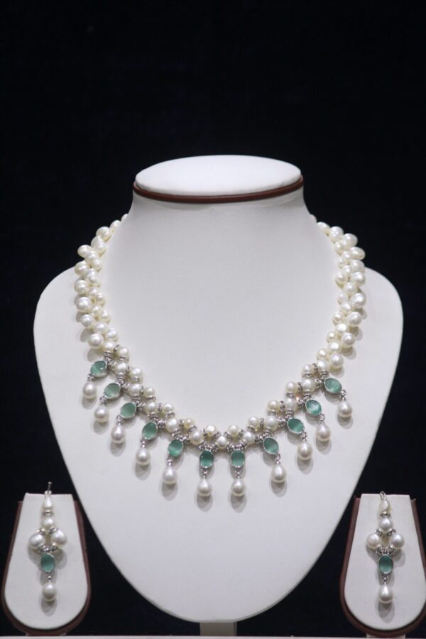 Pearl Necklace Set with Green Stone Drops
