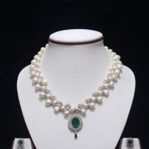 Elegant Pearl Necklace Set with Emerald Pendant, showcasing a timeless design of lustrous pearls and a vibrant green emerald pendant.
