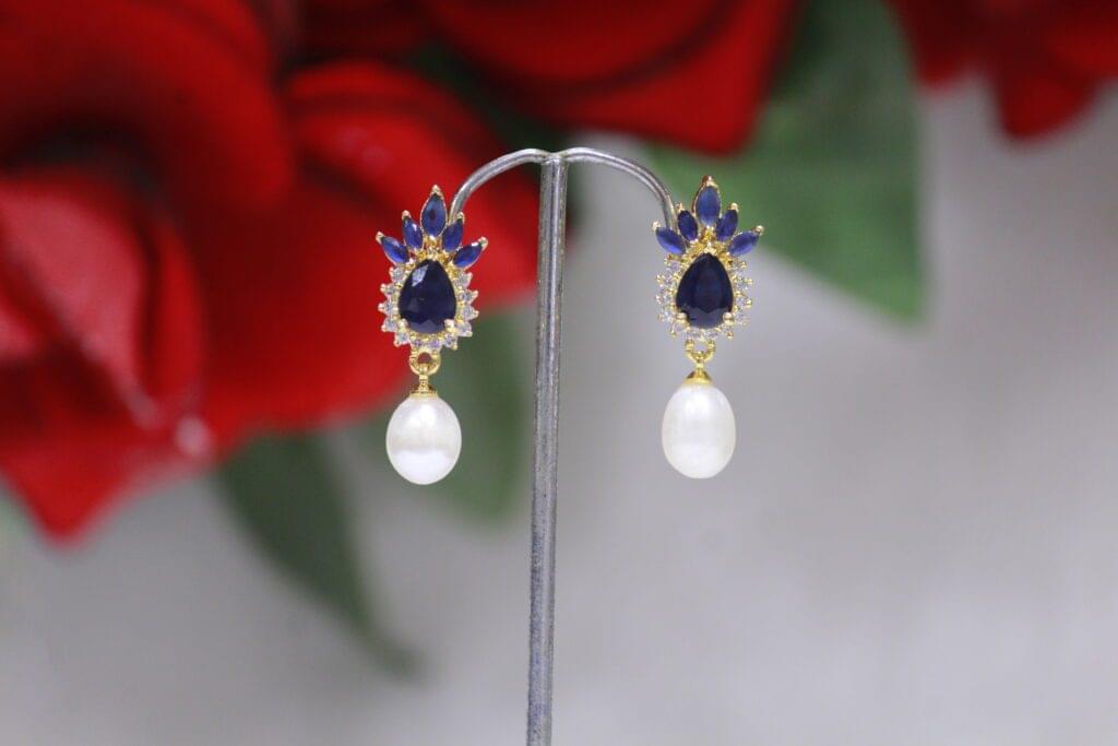 Blue Stone and Pearl Drop Earrings - Stunning combination of blue stones and pearls in an elegant drop design.