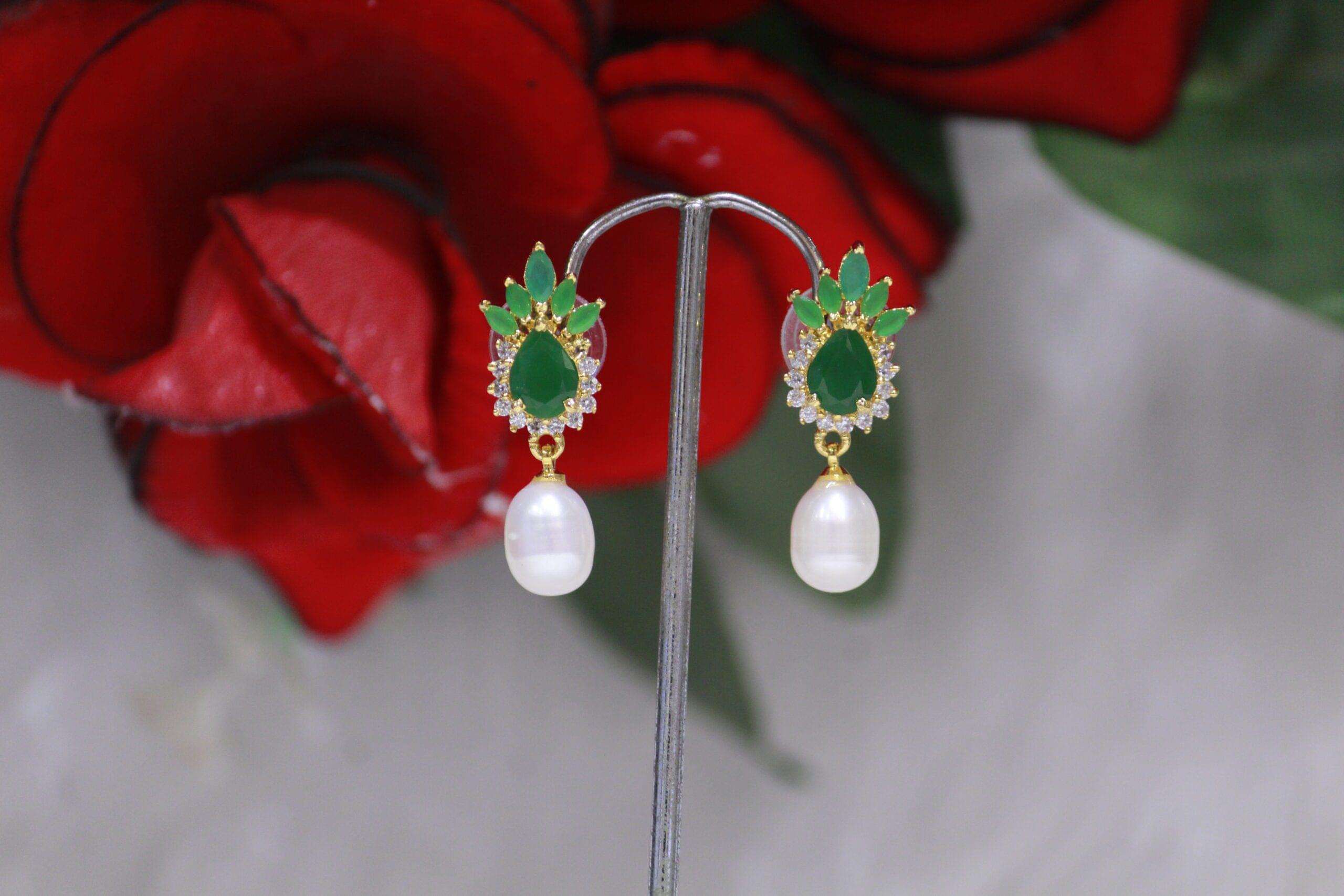 Pearl Drop Earrings with Green Stone Cluster - Elegant pearl drops featuring a stunning green stone cluster for a touch of sophistication and charm.