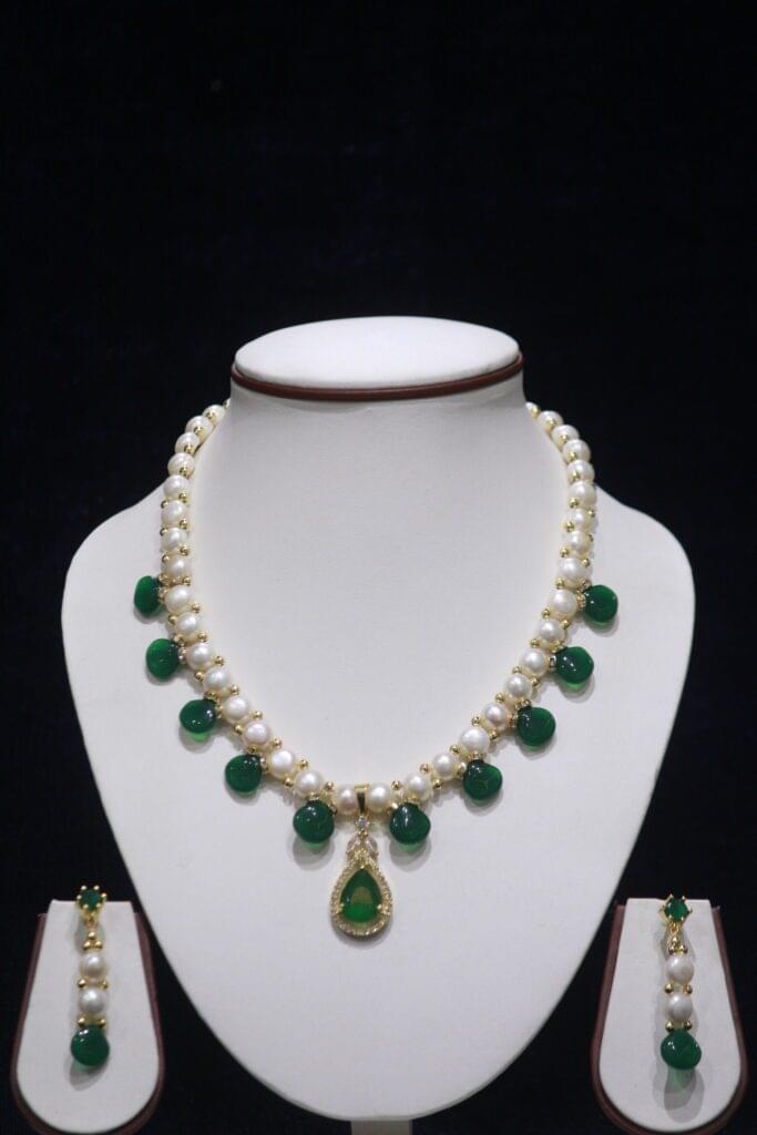Pearl Necklace Set with Green Stone Drops