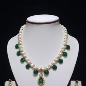 Pearl Necklace Set with Green Stone Drops