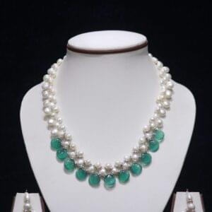 Beautiful Pearl Necklace Set with Green Stone Accents