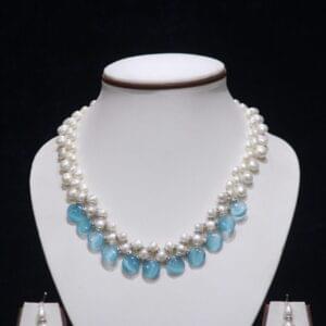 Pearl Necklace Set with Blue Stone Accents