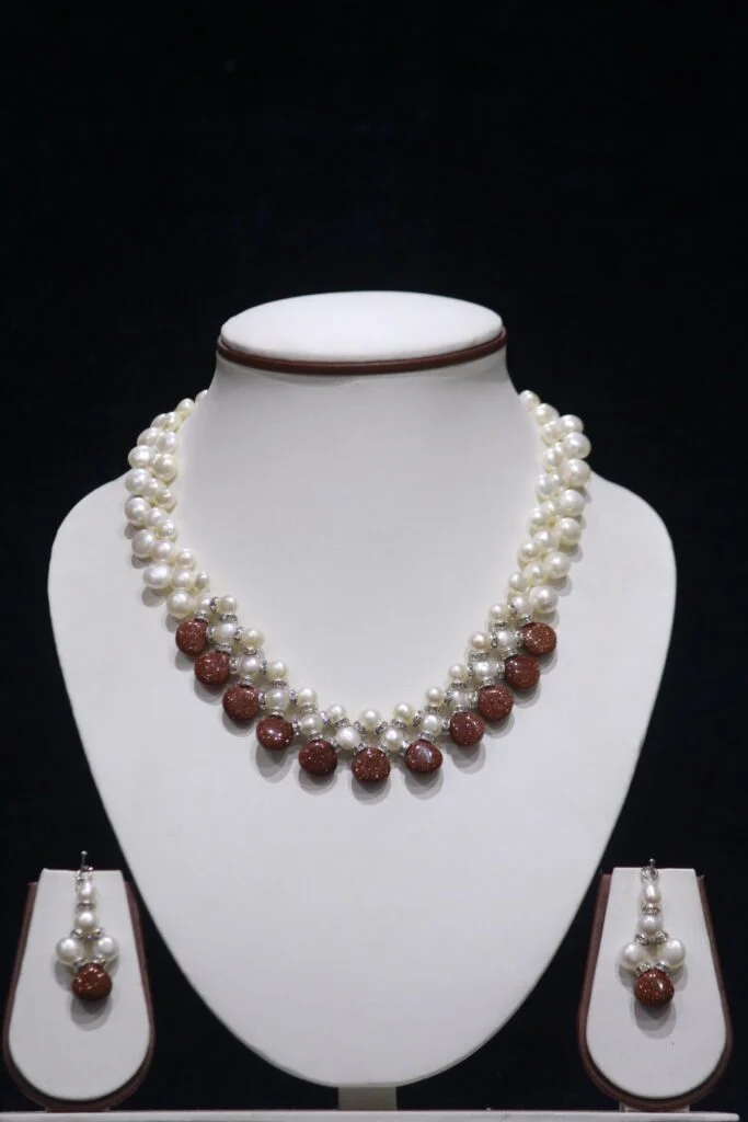 Pearl Necklace Set with Red Stone Accents