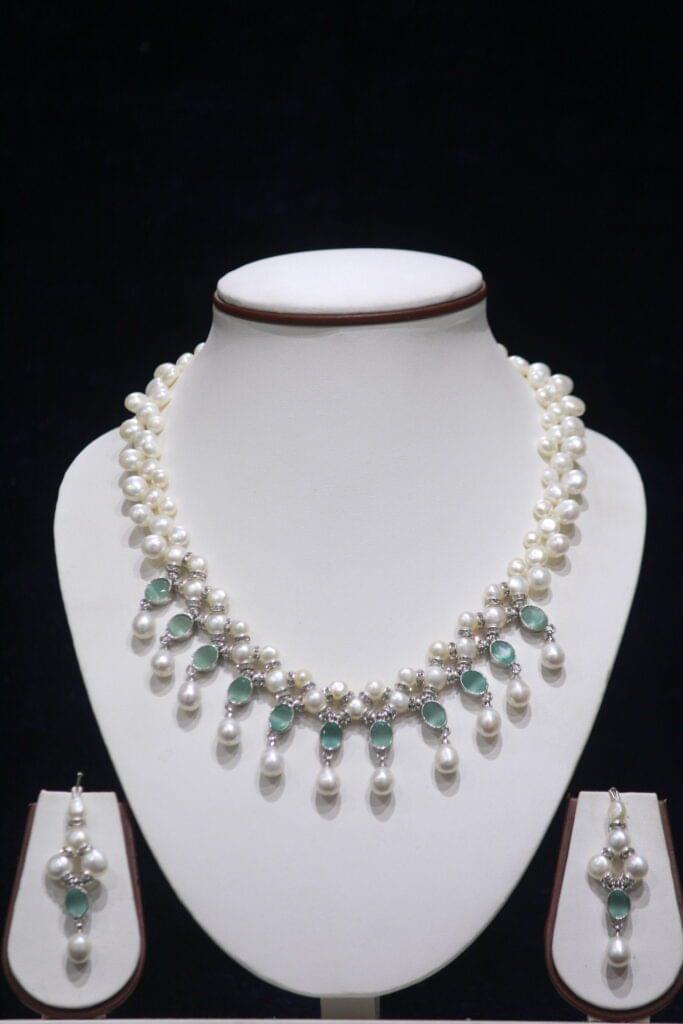 Pearl Necklace Set with Green Stone Drops