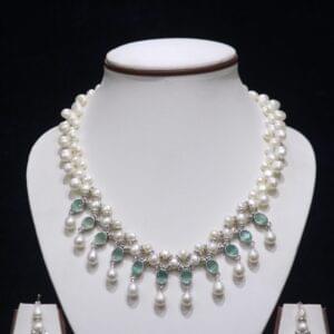 Pearl Necklace Set with Green Stone Drops