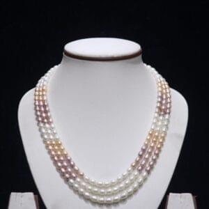 Three-layered multicolor pearl necklace set featuring vibrant pearls for a bold and stylish look.